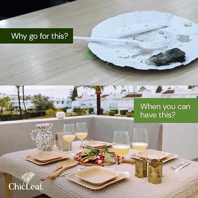 Chic Leaf Compostable & Biodegradable Palm Leaf Disposable Bamboo Plates - Disposable Party Plates for Appetizers - Camping Essentials - Reusable Party Supplies (10 & 7 Inch Square)