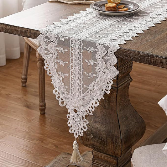 patdrea Designer Vintage White Lace Table Runner,Crochet Decorative Table Covers,Chiffon Embroidered Tasseled Table Runners, Cutwork Dresser Runners,Christmas Wedding Party Bridal 16x87 Inches Long