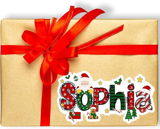 CALLIE Personalized Christmas Stickers with Custom Name, Waterproof Custom Christmas Name Tags Stickers, Peel and Stick Christmas Gift Tags (Santa Claus Elk + Name)