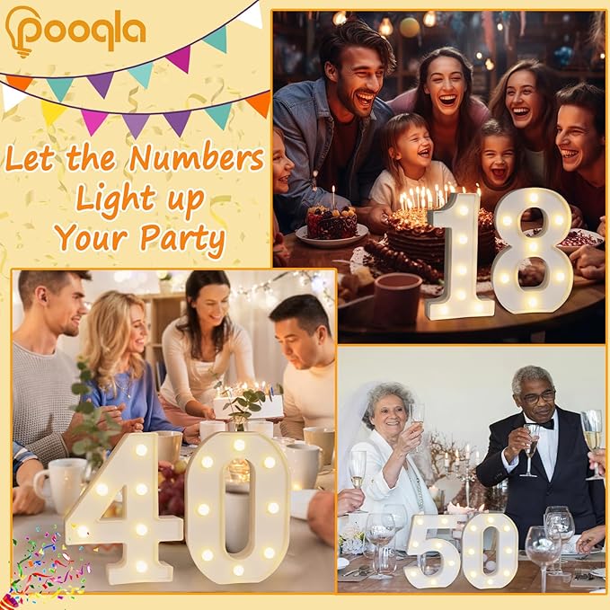 Pooqla Decorative LED Light Up Number Letters, White Plastic Marquee Lights Sign Party Wedding Decor, Battery Operated (6)