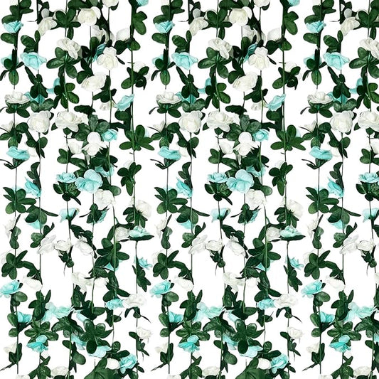 8Pcs 63Ft Teal&White Rose Garland, Fake Rose Hanging Flowers, Artificial Flower Vine, Hanging Floral Vine Garland for Wedding, Birthday Party, Wall Arch, Halloween, Christmas Garden Backdrop Decor