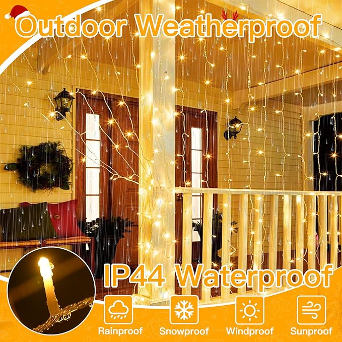 Ollny Christmas Curtain Lights 300 LED 9.8 FTx9.8 FT, Outdoor Waterproof Curtain String Lights with Remote Timer 8 Modes, USB Waterfall Window Lights for Wall Backdrop Home Decorations (Warm White)