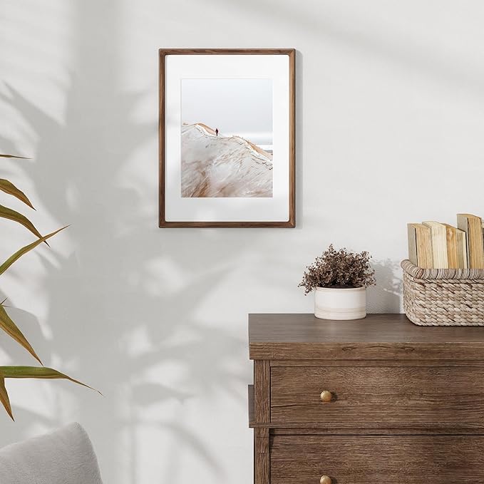 12x16 Frame USA-Sourced Natural Walnut Wood Solid Wood Photo Frame Handcrafted Rounded Corner with Mat to 8.5x11 Picture Frame Display with Real Glass Family Picture, Wedding Photo, Certificate