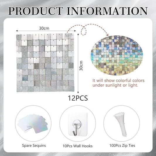 24PCS Silver Shimmer Wall Backdrop, Laser Square Sequin Photo Backdrops Panel, Glitter Wall Background for Birthdays, Weddings, Christmas, Engagements, Disco Bachelorette Party Decoration (4FTx6FT)