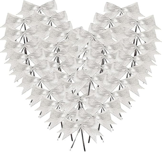 50pcs 3-1/2" Silver Twist Ties Metallic Silver Bows with Twist Tie Bows Fish Tail Cuttiog(Silver.)