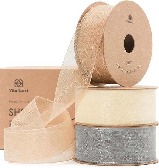 Vitalizart Organza Sheer Ribbon 1 inch x 30 Yd Cream White Rose Gold & Silver Handmade Fabric Ribbons for Gift Wrapping Christmas Tree Crafts Bows Wedding Invitations Wreaths Wrap