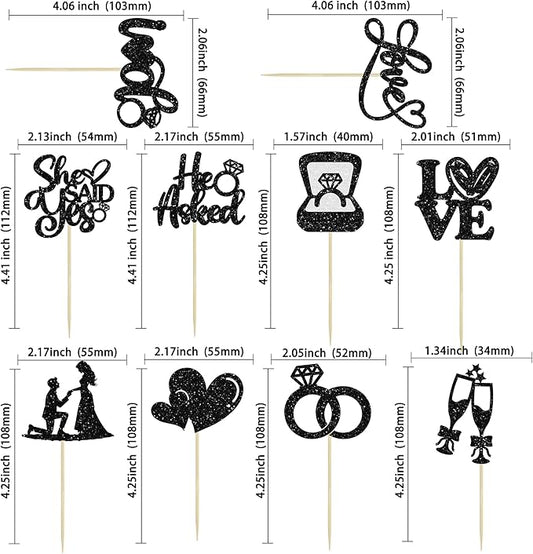 Ephlyn 30Pcs He Asked She Said Yes Cupcake Toppers Glitter Engagement Cupcake Toppers Diamond Ring Heart Love I Do Cupcake Picks for Engagement Wedding Party Cake Decorations Black