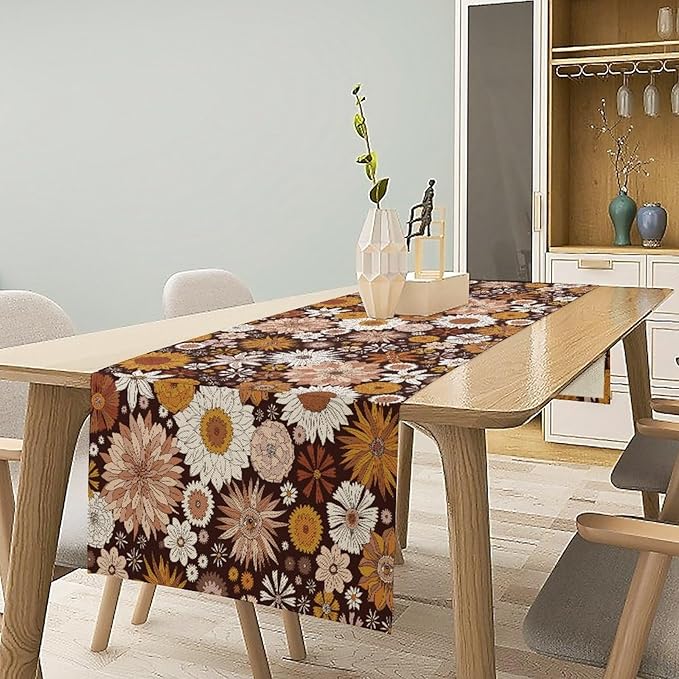Boho Floral Table Runner, Vintage Country Farmhouse Daisy Flowers Modern Kitchen Dining Room Decoration for Indoor and Outdoor Wedding Party Banquet Table Runner 13x90 Inch