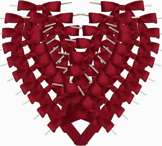 50pcs 2-1/2" Burgundy Satin Ribbon Bows with Twist Tie Bows for Christmas Gift Packing&Wrapping (Burgundy)