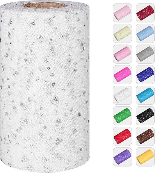 Glitter Tulle Rolls, 6” by 50 Yards (150FT) Sequin Tule Netting Fabric Tulle for Tutu Skirts Sewing Birthday Wedding Party Decoration (White)