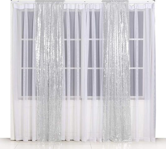 Poise3EHome Silver Sequin Backdrop Curtains,2ft x 8ft Sequin Photography Backdrop Curtain 2 Panels for Party Decoration