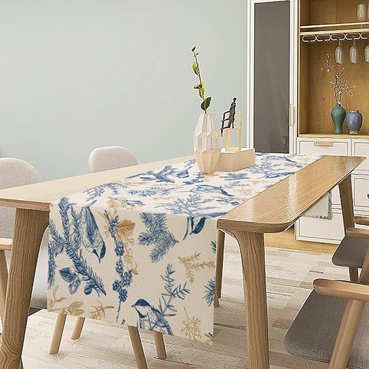Chinoiserie Flowers Table Runner, Seasonal Spring Fall Plants Blue Florals Birds Dinner Runner for Home Kitchen Dining Table Party Holiday Decoration 13"x60"