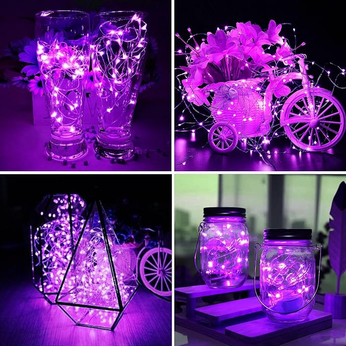 ZGWJ 100 Pack Fairy Lights Battery Operated, 7ft 20 Mini LED Fairy String Lights Silver Wire 3 Modes for DIY, Parties, Wedding, Bedroom, Halloween Christmas Decoration Purple