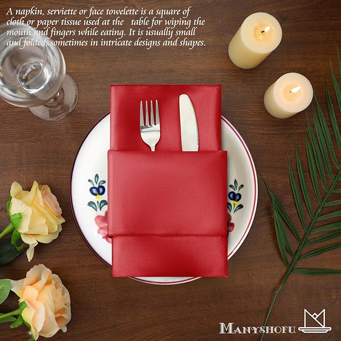 Manyshofu 50 Pieces Red Satin Napkins - 12x12 Inches Cloth Napkins, Square Satin Fabric Napkin Set - Smooth & Reusable Table Napkins for Wedding Dinner Party Lunch Banquet Restaurant Decoration