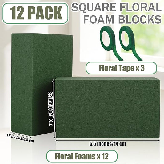 Aneco 12 Pieces Floral Foam Blocks with 3 Rolls Floral Tape 5.5''L x 3.1''W x 1.8''H Green Square Flower Foams Flower Arrangements Supplies for Dry & Wet Flower Wedding Home Decor and DIY Crafts