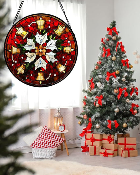 Stained Glass Window Hanging - Golden Bells Flowers Suncatcher for Doors Home Christmas Decoration Winter Sun Catcher Thanksgiving New Year Birthday Gift for Friend Women Men Mom Nana 9.8 in