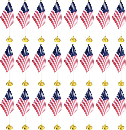 24 Pack USA US Desk Flags,Small Mini American Deluxe Table Flags Set with Stand Base，8.2 x 5.5 inches Miniature Desktop Flag