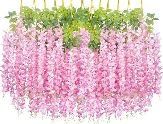 24 Pack Artificial Fake Wisteria Vine Ratta (3.75 Feet) Hanging Garland Silk Flowers String Home Party Wedding Decor(Pink)
