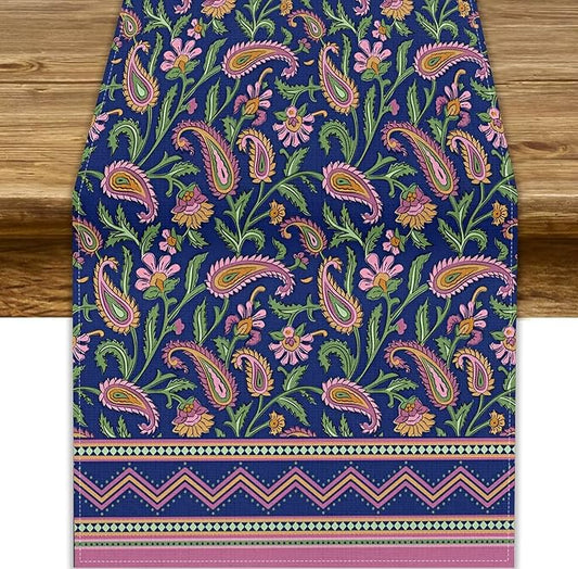 Colorful Paisley Floral Table Runner, Vintage Pink Purple Flowers Green Plants Leaves Print Table Runner for Kitchen Dining Table Indoor Outdoor Home Party, 13x36inch