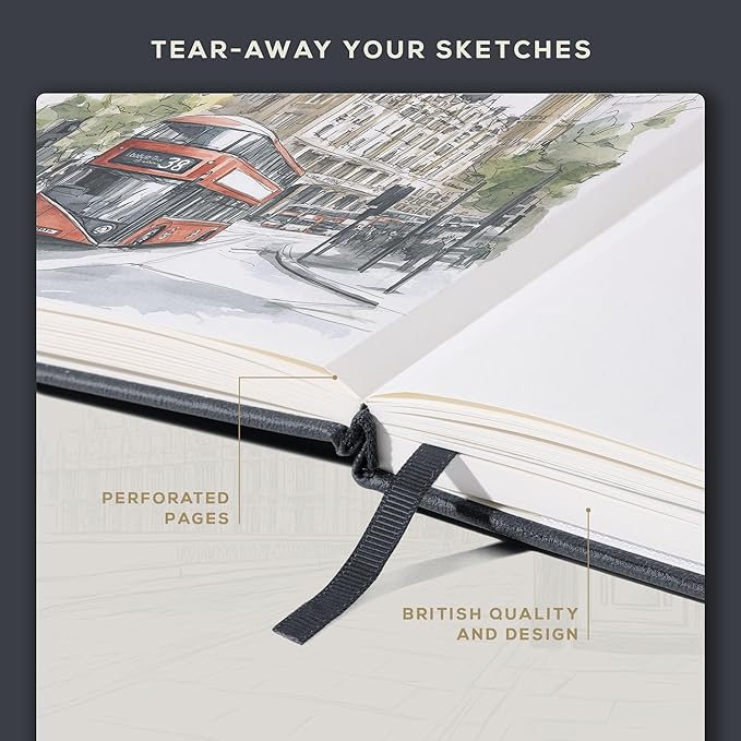 Beechmore Books A4 Sketchbook – 8.5x11 Premium Vegan Leather Bound Large Sketch Book Hardcover with 156 Thick 160gsm Perforated Ivory Pages, Blank Sketch Pad, Gift Boxed, Back Pocket, Ribbon Bookmark