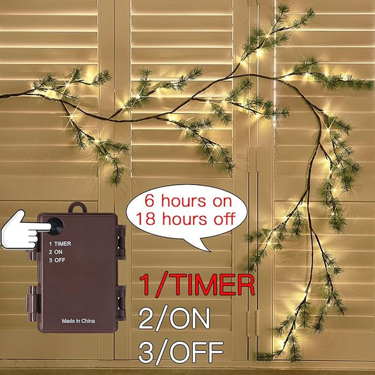 Fudios Lighted Christmas Pine Garland 6FT 48 Warm White LED Battery Operated with Timer for Mantle Fireplace Holiday Winter Decoration Indoor Outdoor Use