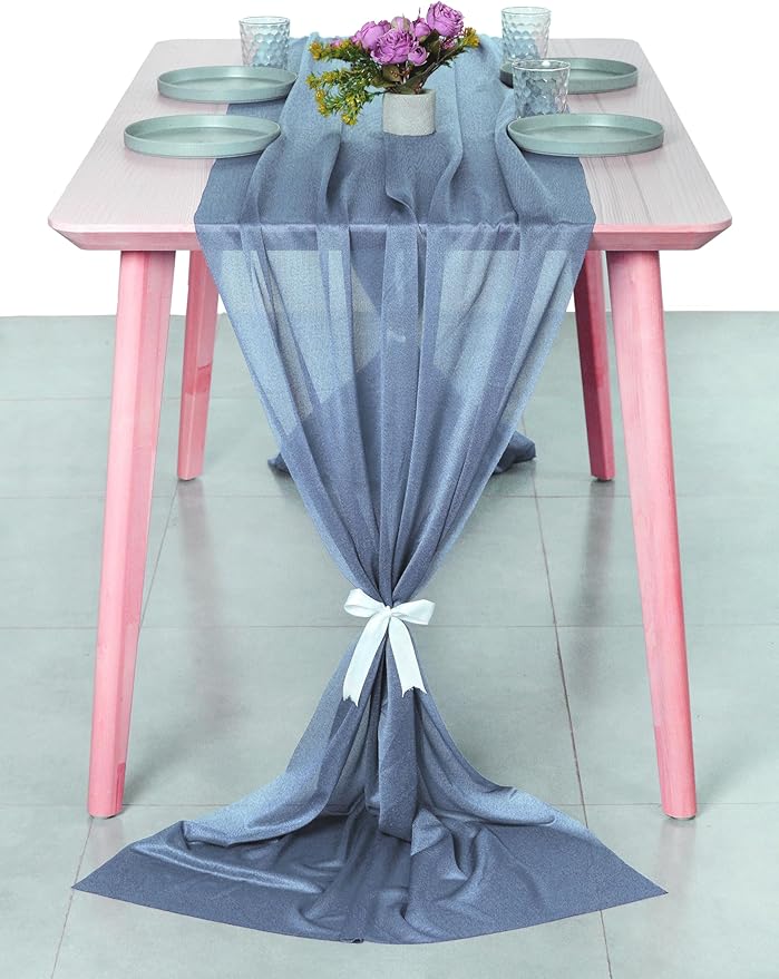 MDS 5 Pack 10ft Chiffon Table Runner 29 x 120 Inches Sheer Wedding Runner Romantic Rustic Table Runner for Wedding Decorations, Birthday Parties, Bridal Shower Party Arch Decor - Dusty Blue