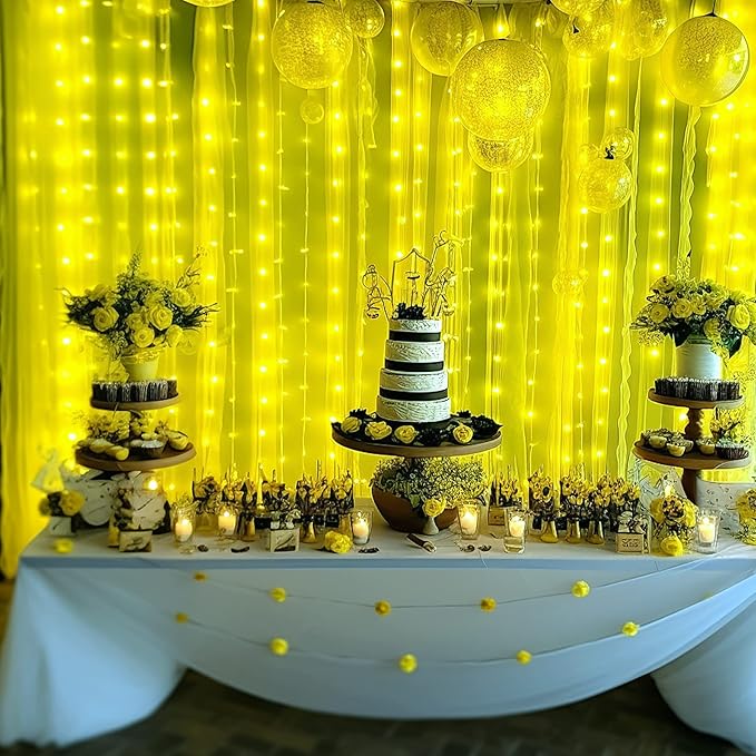 Yellow Sheer Tulle Backdrop Curtains with Lights String for Birthday Party Photoshoot 2 Panels 5×10ft Yellow Backdrop Curtains for Baby Shower Wedding Background Decorations