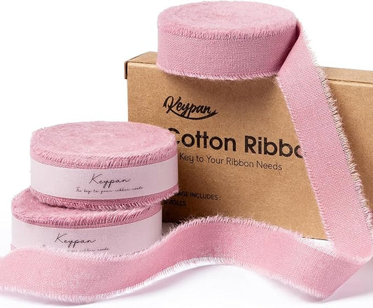Pink Ribbon 5/8" x 21 Yards with Frayed Fringe Fabric Cotton Ribbons for Gift Wrapping Wedding Invitations Flower Bouquet Baby Shower