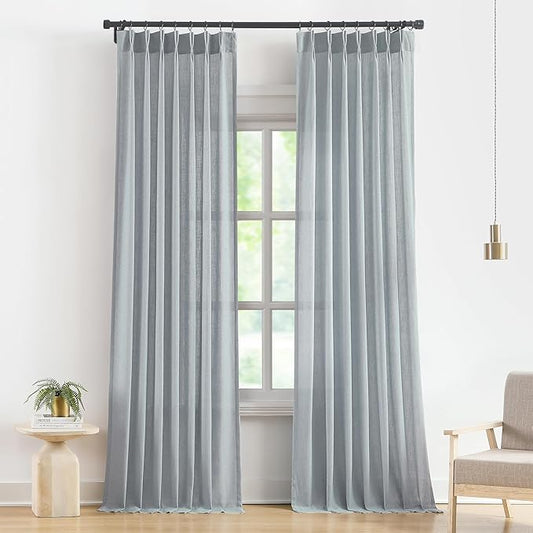 Vision Home Blue Fog Pinch Pleated Semi Sheer Curtains Textured Linen Blended Light Filtering Window Curtains 102 inch for Living Room Bedroom Pinch Pleat Drapes with Hooks 2 Panels 40" Wx102 L
