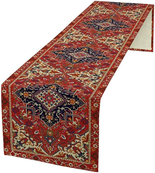 Boho Old French Table Runner, Vintage Red Beige Retro Flower Rustic Country Style Floral Print Pattern for Home Kitchen Table Decor Dining Coffee Room Garden Party Decor 13x120in