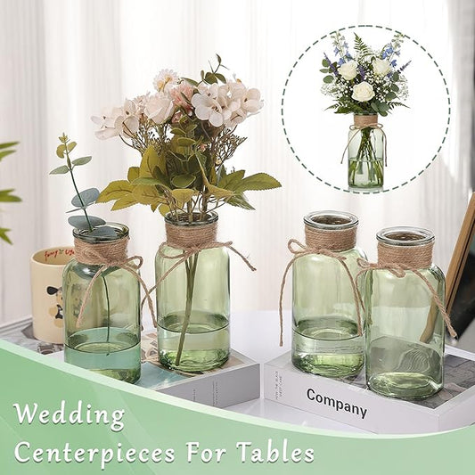 Green Glass Flower Vases for Centerpieces Set of 12, Mason Jars Boho Cylinder Bud Vases in Bulk, for Weddings Parties Vintage Home Decor