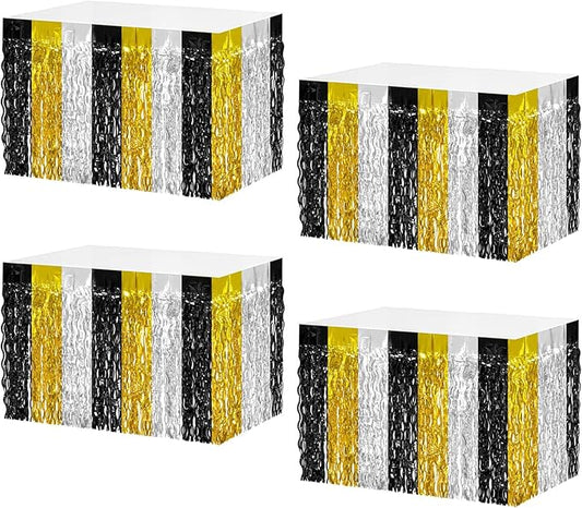 4P Wavy Metallic Tinsel Foil Fringe Table Skirts for Rectangle Tables Backdrop Garland Curtains for Parade Floats Wedding Birthday Parties Decoration Graduation 2025 Christmas (Black Gold Silver)