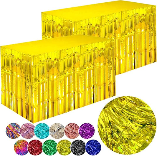 Gold Streamers Party Decorations, 2 Packs Gold Table Skirts Metallic Foil Fringe Tinsel for Birthday Float Parade Mardi Gras Graduation Party Supplies -29x108Inch