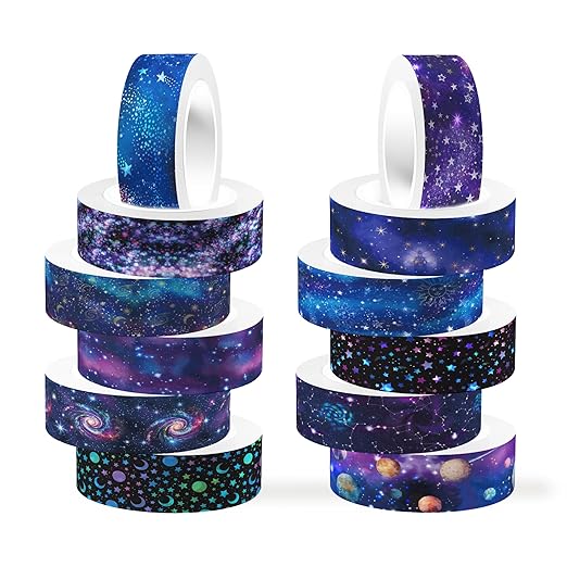 12 Rolls Starry Sky Washi Tape Set, Vintage Washi Tape Decorative Paper Stickers Decorative Tape for Craft,Galaxy Art Scrapbook,DIY Journal Set,Planner,Gift Wrapping,Party Decor