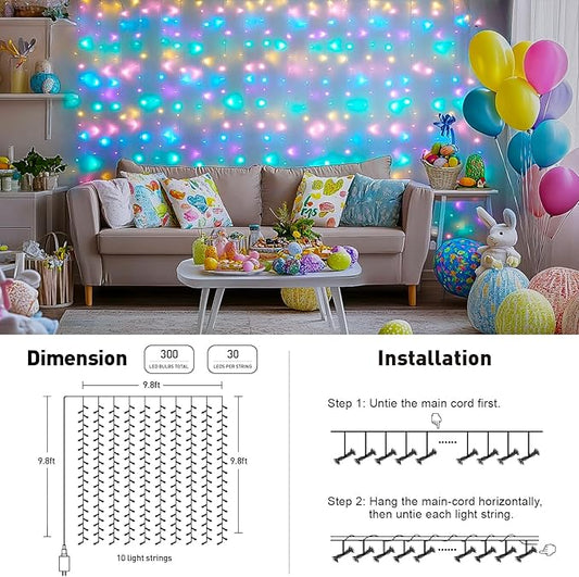JMEXSUSS 300LED Easter Decorations Curtain Lights with Remote, 9.8x9.8ft Easter Sting Lights Plug in for Bedroom Wall Window Party Backdrop Porch Patio Garden Yard Indoor Outdoor Decor