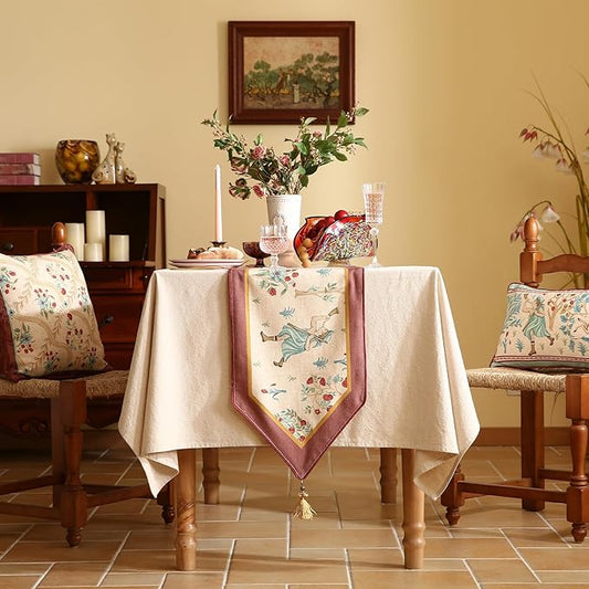 patdrea Designer Idyll Linen Table Runner, Vintage Beige Farmhouse with Ancient Spring Figure and Fruit Trees Pattern Table Mat, Decoration for Kitchen Dining Banquet Christmas ,12"*71"