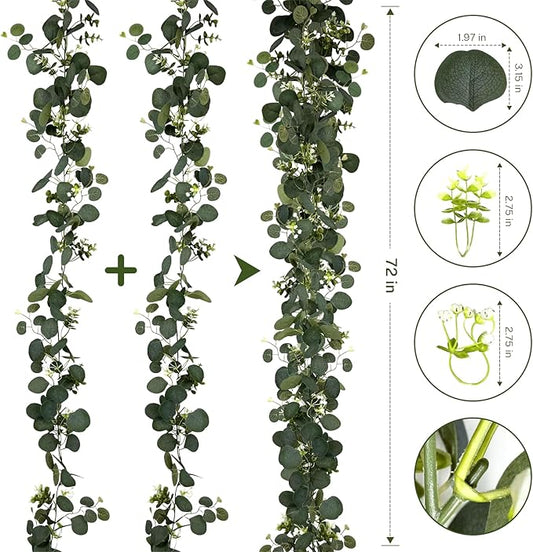 Eucalyptus Garland, 2 Packs 6FTGreen Flower Garland Decor, Artificial Faux Eucalyptus Leaves Greenery Vines for Table Runner Wedding Bedroom Mantle Centerpieces Backdrop Decorations