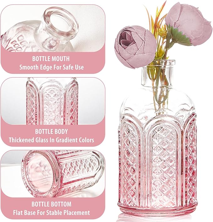 Glass Bud Vase Set of 12,Small Flower Vases in Bulk,Pink Mini Vintage Vase for Home Centerpiece, Parties, Wedding Decoration for Home Centerpiece, Parties, Wedding Decoration(12)