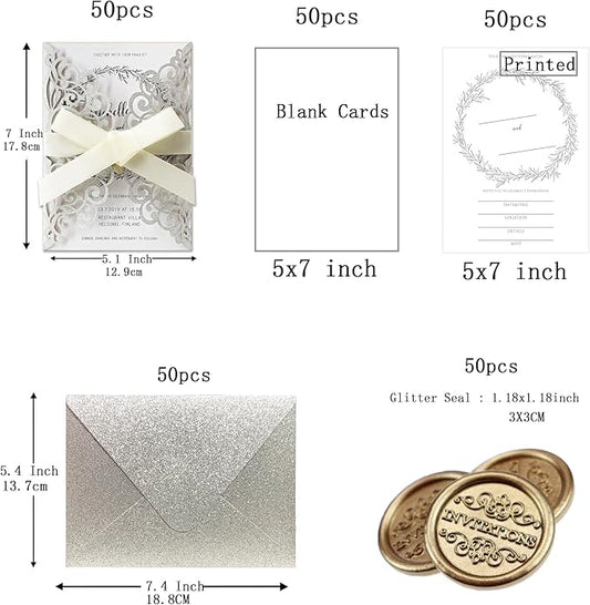 50Pcs Laser Cut Wedding Invitation With Glitter Envelopes And Ribbons Blank Personalized Card Invitaciones Para quinceañera Birthday Baby Shower Christmas Party Bridal Shower (Silver)
