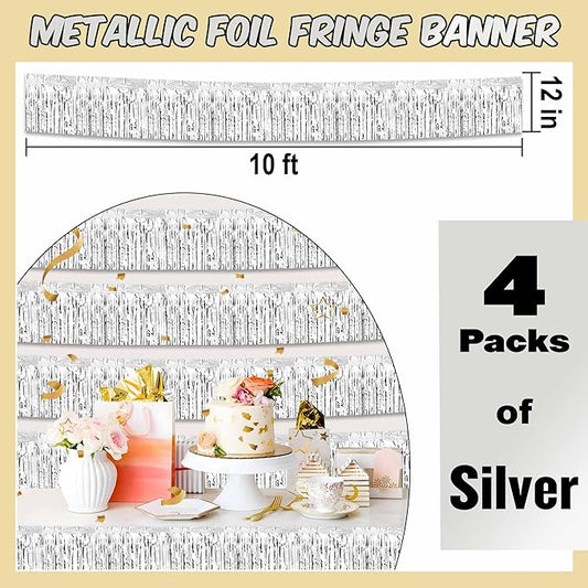 4 Pack 10 Ft Silver Foil Fringe Garland Metallic Streamers Tinsel Banner Wall Hanging Garland Backdrop for Parade Floats, Halloween, Christmas, Thanksgiving, New Year Party Decorations
