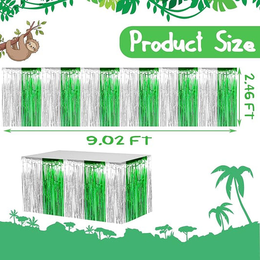 4 Pack 29x108 Inch Metallic Foil Fringe Tinsel Table Skirts for Rectangle Tables Streamer Backdrop for Wedding, Birthday, Parade Floats, Christmas, Halloween Party Decoration(Silver Green)