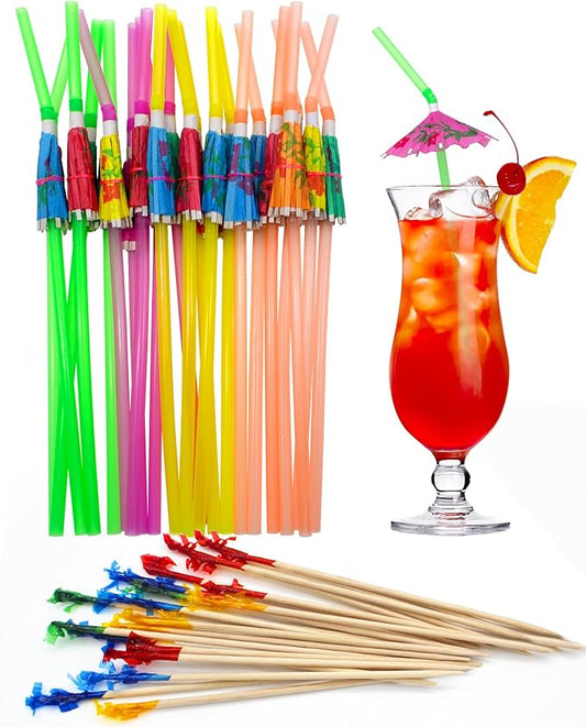 BLUE TOP Cocktail Picks&Umbrella Drink Straws Set-400pcs 4Inch Frill Picks+50pcs 9.5 Inch Drink Straw Umbrella,Cocktail Toothpicks & Straws for Fruit,Appetizers,Club Sandwiches,Drinks.