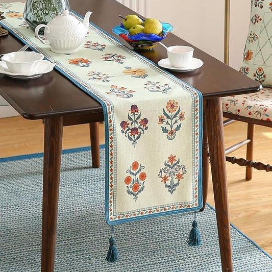 ISAENNE Designer Light Green Linen Table Runner 87 Inches Long,French Floral Patterns Elegant Table Runner for Dining Tables,Thanksgiving,Kitchen Tables,Christmas,12"*87"-Floralsea B