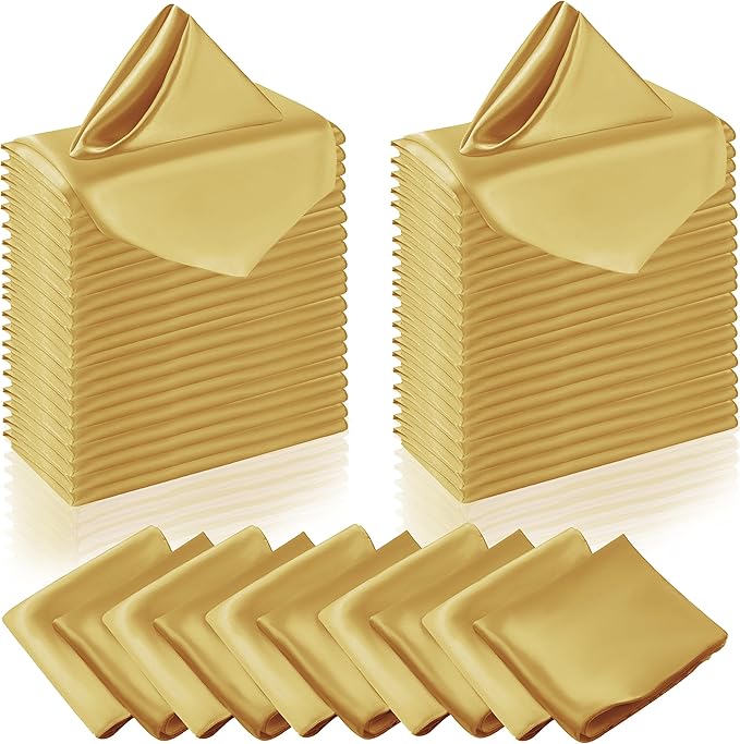 Manyshofu 50 Pieces Yellow Gold Satin Napkins - 12x12 Inches Cloth Napkins, Square Satin Fabric Napkin Set - Soft & Smooth Table Napkins for Wedding Dinner Party Lunch Banquet Restaurant Decoration