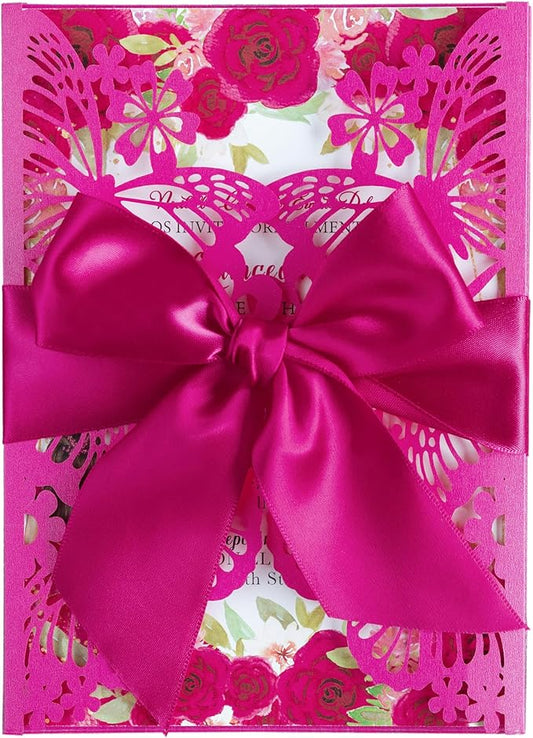 20 PCS 5.12x7.2 Butterfly Quinceanera Invitation, Laser Cut Wedding Invitation Cards with Envelopes for XV Anos Bridal Shower Baby Shower Invite (Fuchsia)