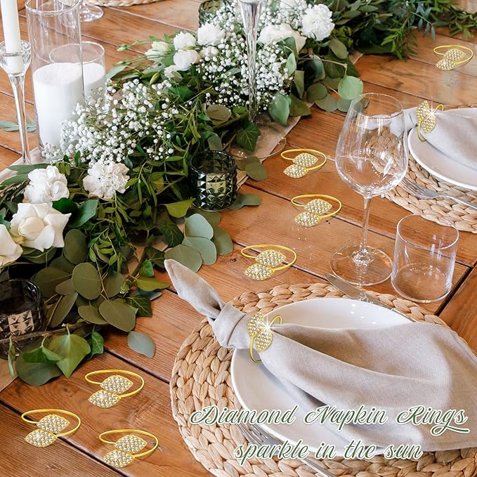 Hotop 400 Pcs Napkin Rings Gold Table Decorations, Elegant Bling Leaves Napkin Rings, Rhinestone Guest Towels Buckle for Wedding Gold Party, Thanksgiving Christmas Dinner Banquet Table Decoration