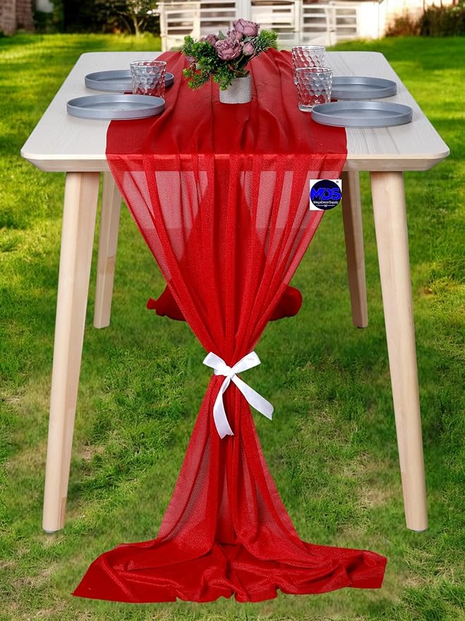 MDS Halloween Chiffon Table Runner - 25 Pack, 29 x 120 Inches, 10ft Each - Sheer Spooky Table Runners for Haunted House Parties, Trick-or-Treat Tables, Witchy Décor, Wedding & Events - Red