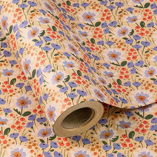 WRAPAHOLIC Kraft Floral Wrapping Paper Roll - Mini Roll - 17 Inch x 33 Feet - Watercolor Flower Wrapping Paper, Perfect for Wedding, Birthday, Bridal Shower, Tea Party