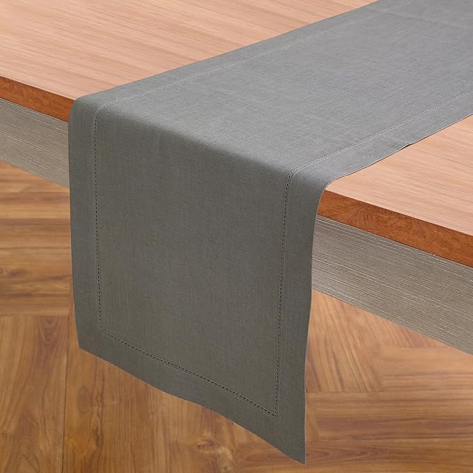 Solino Home Linen Steel Gray Table Runner 72 Inches Long - 100% Pure Linen Hemstitch Table Runner 14 x 72 Inch for Dresser, Dining, Fall, Autumn, Halloween - Classic Hemstitch