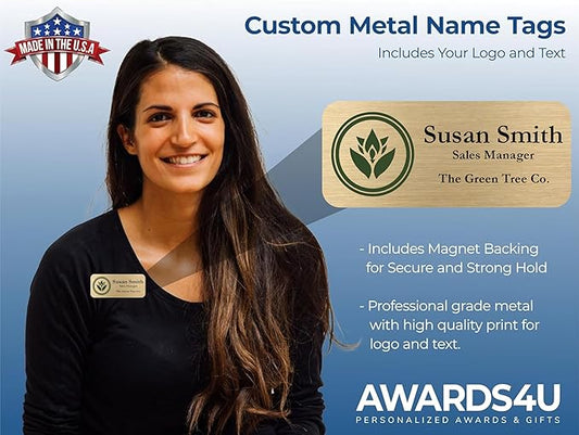 Custom Name Tag with Logo - Personalized Name Badge with Magnet Backing - Choose Your Size and Color (Gold Metal 3"x1.25" - Logo on Left)